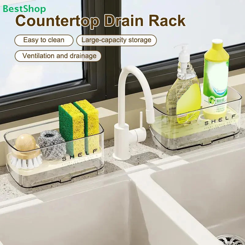 rangement évier transparent moderne éponge savon nettoyage étagère drainante minimaliste
