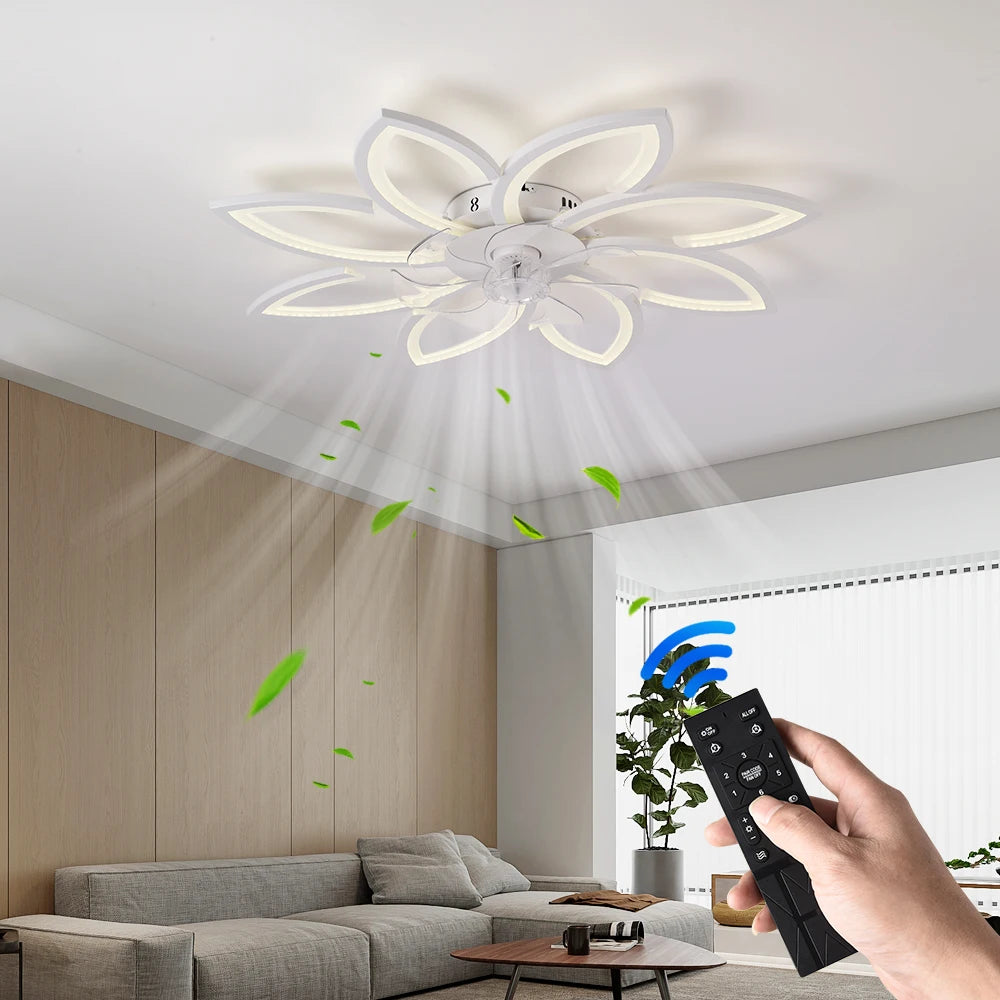 ventilateur moderne led télécommande noir blanc feuilles stylisées fixations invisibles chambre restaurant