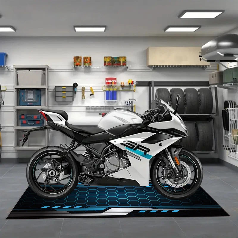 tapis noir hexagones bleus moderne antidérapant polyester garage intérieur extérieur sol porte