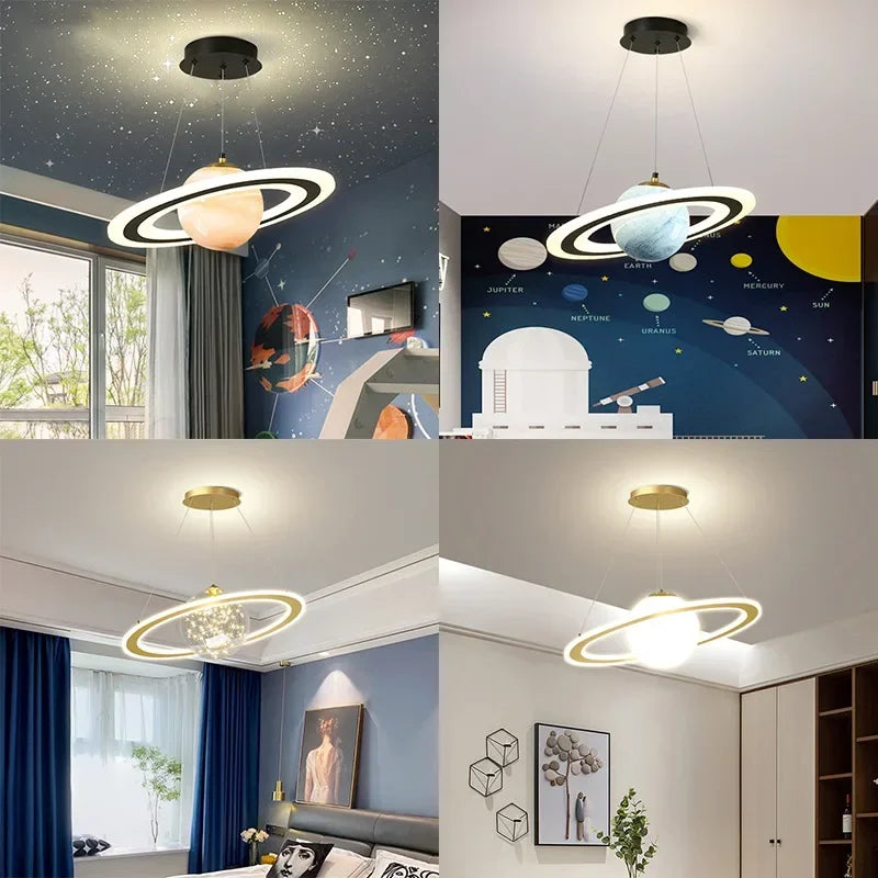 suspension lumineuse moderne acrylique anneau planétaire blanc bleu noir chambre salon