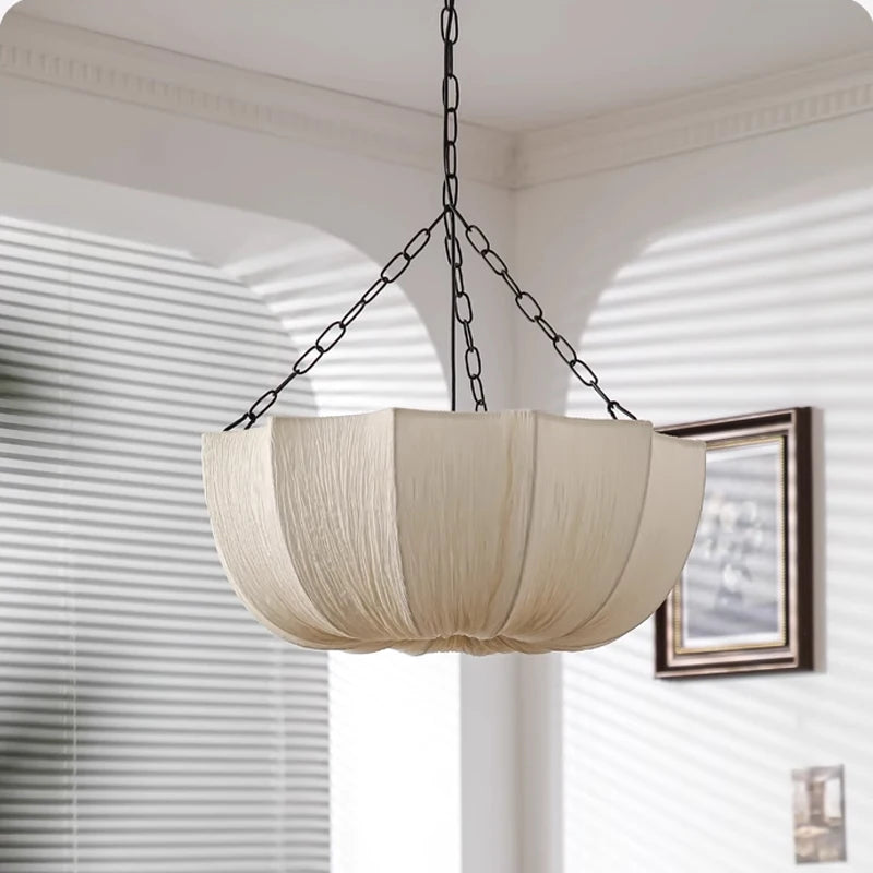 lampe suspendue moderne tissu rayures fines beige clair chaîne métallique 2000 82000 lumens 110
