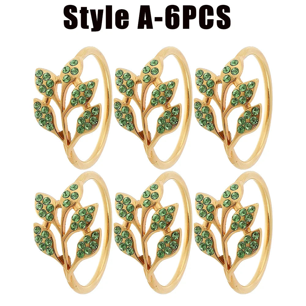 anneaux décoratifs élégants feuilles stylisées strass doré argenté vert décoration table événement