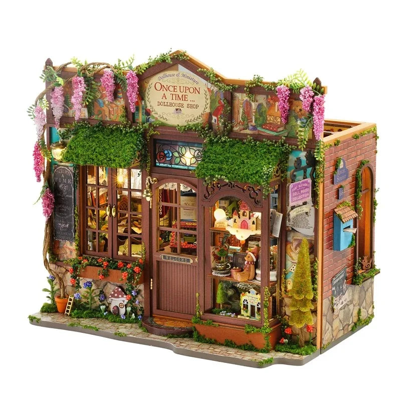 miniature maison poupées bois vintage brun vert rose blanc brique végétation animaux meubles affiches