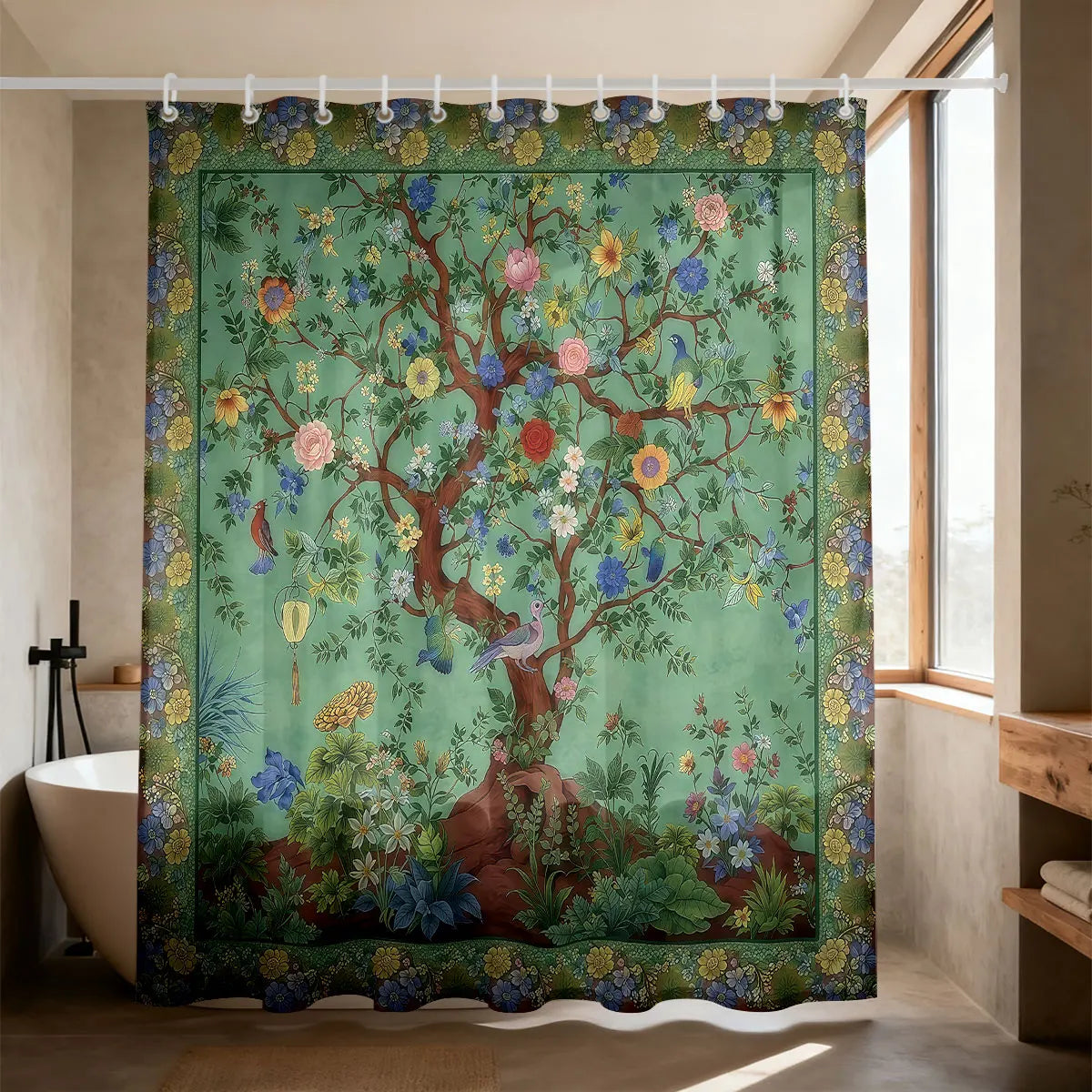rideau douche arbor floral oiseaux couleurs vives opaques anneaux salle bain