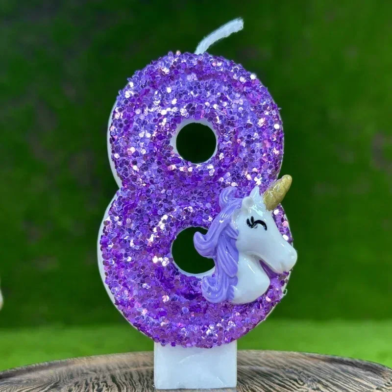bougies anniversaire forme chiffre licorne pailletées violet blanches décoratives enfants