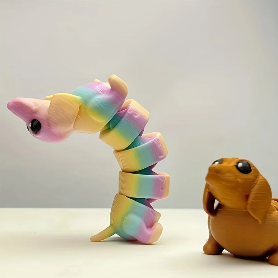 jouet articulé teckel marron multicolore impression 3d figurine fidget yeux noirs deco posable plastique