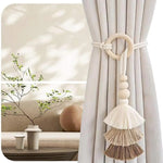 boucles rideau boho chic franges tissu coton beige blanc cassé anneaux circulaires fixations rideaux