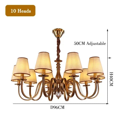 chandelier bronze classique suspension lumière abat jours tissu texturé courbes salle manger