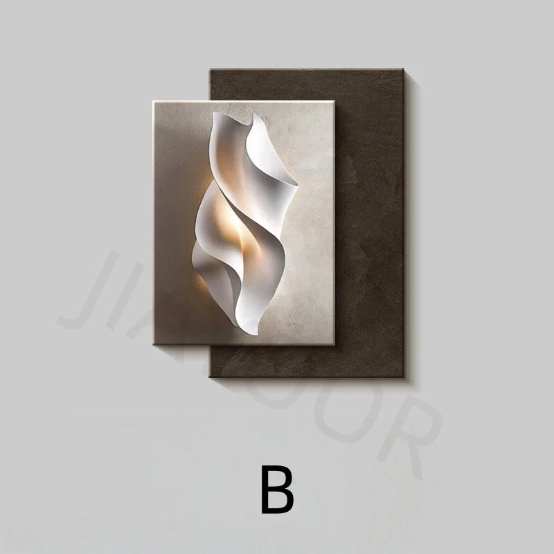 tableau abstrait contemporain mural led blanc gris marron clair ondulé mat éclairage minimaliste chambre