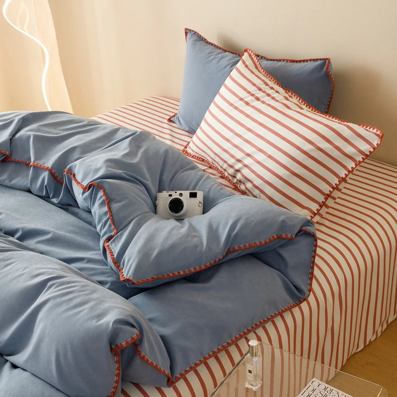 ensemble literie bleu rouge rayures moderne drap plat taies oreillers double full queen