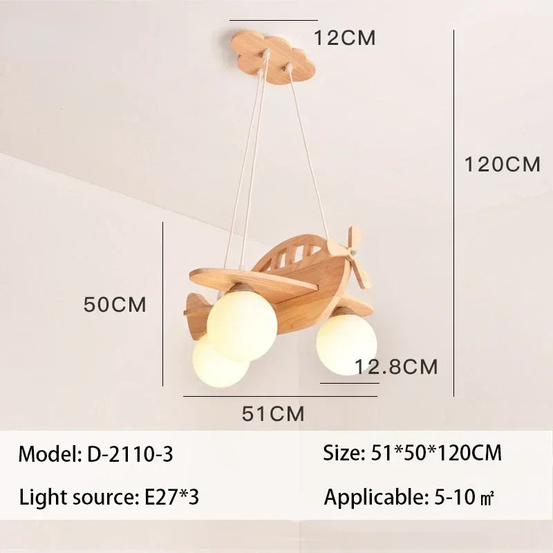 lampe suspendue bois naturel blanc texture moderne sphères translucides fixations chaines ailes gouvernail propulseur