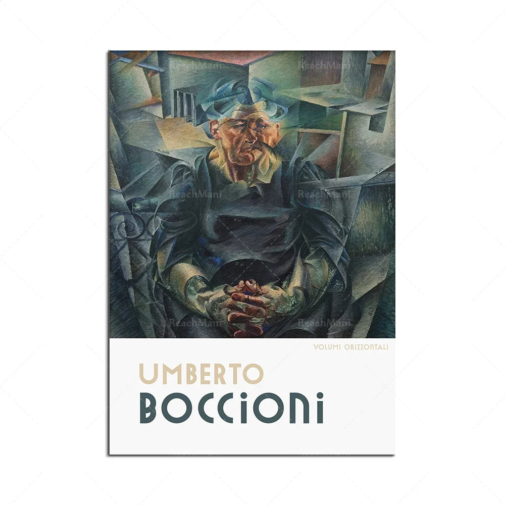 L'image représente la couverture d'un livre consacré à l'artiste Umberto Boccioni, montrant l'une de ses œuvres abstraites.