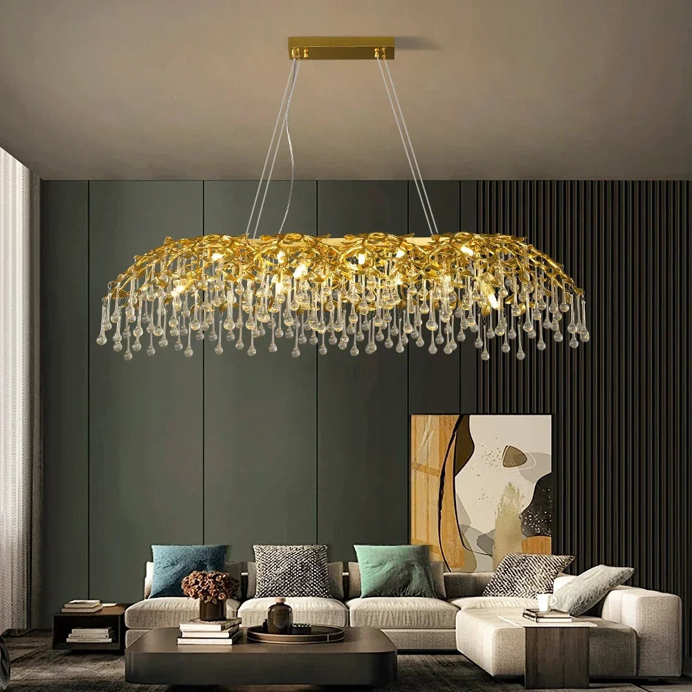 lustre cristal doré moderne branches suspendu salon salle manger luxe éclairage contemporain