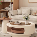 table basse moderne verre transparent plateau rotatif compartiment trois sections couleur beige marron clair