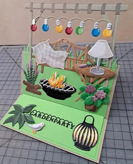 découpe papier scrapbooking fleurs bancs table chaises lanterne arbres pommes oiseaux arches végétales motifs