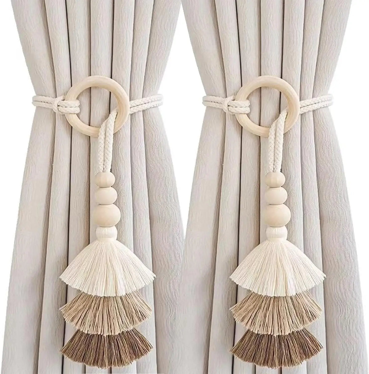 boucles rideau boho chic franges tissu coton beige blanc cassé anneaux circulaires fixations rideaux