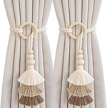 boucles rideau boho chic franges tissu coton beige blanc cassé anneaux circulaires fixations rideaux