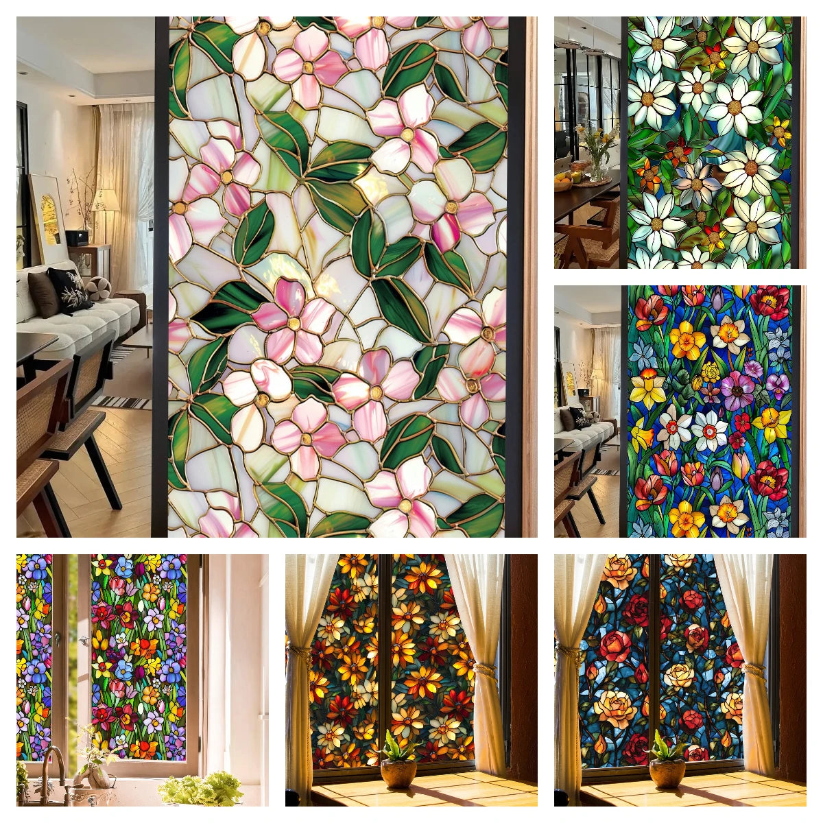 film fenêtre décoratif adhésif fleurs stylisées art deco multicolore blanc rose vert jaune bleu