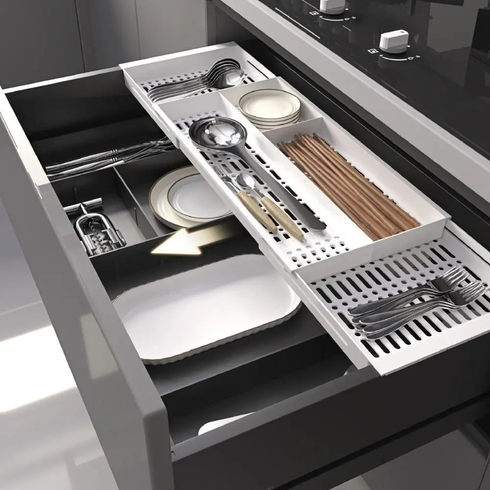 organisateur tiroir extensible moderne fourchettes couteaux cuillères blanc noir transparent imitation marbre perforé minimaliste