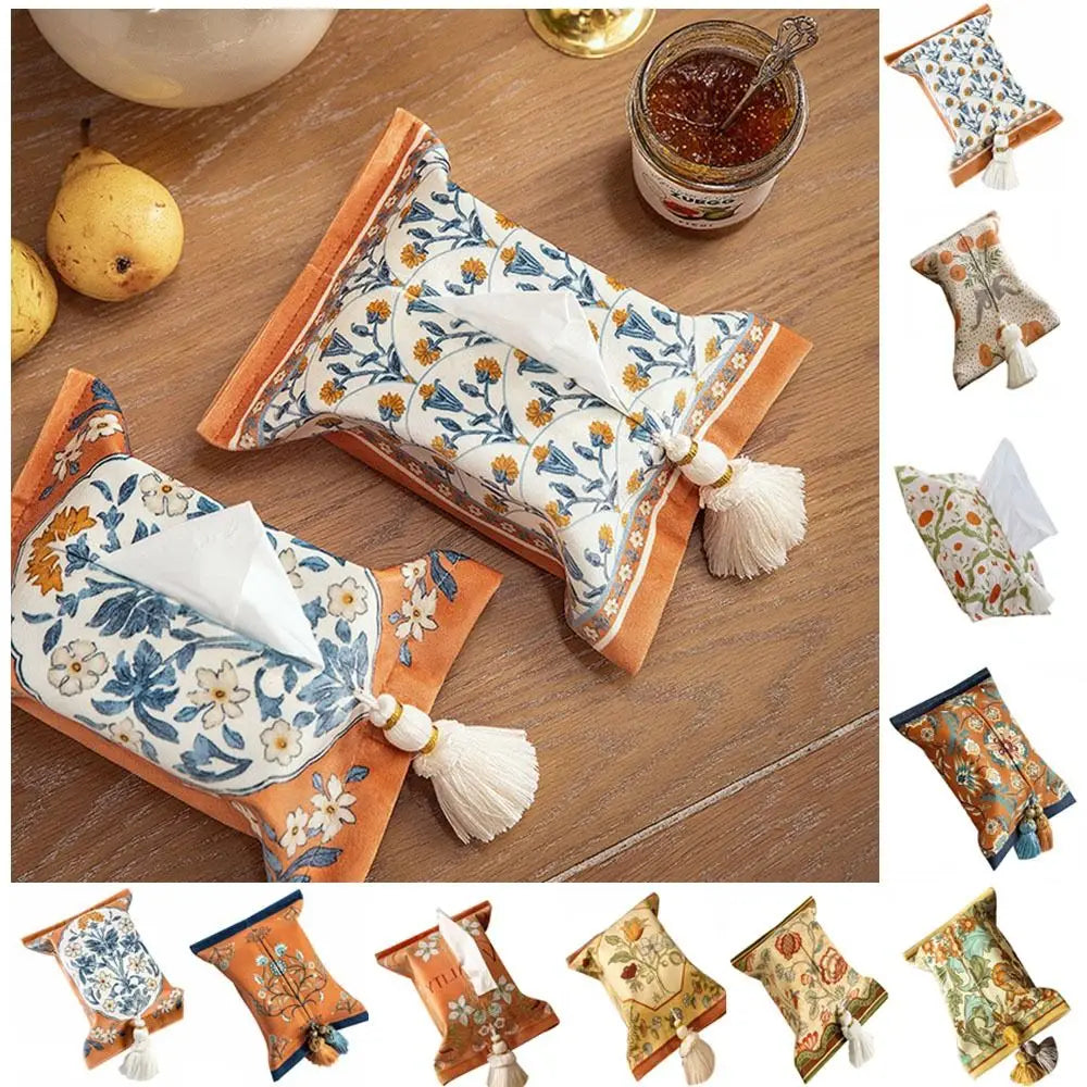 Sac mouchoirs vintage floral orange blanc bleu tassel boho chic decoration reusable