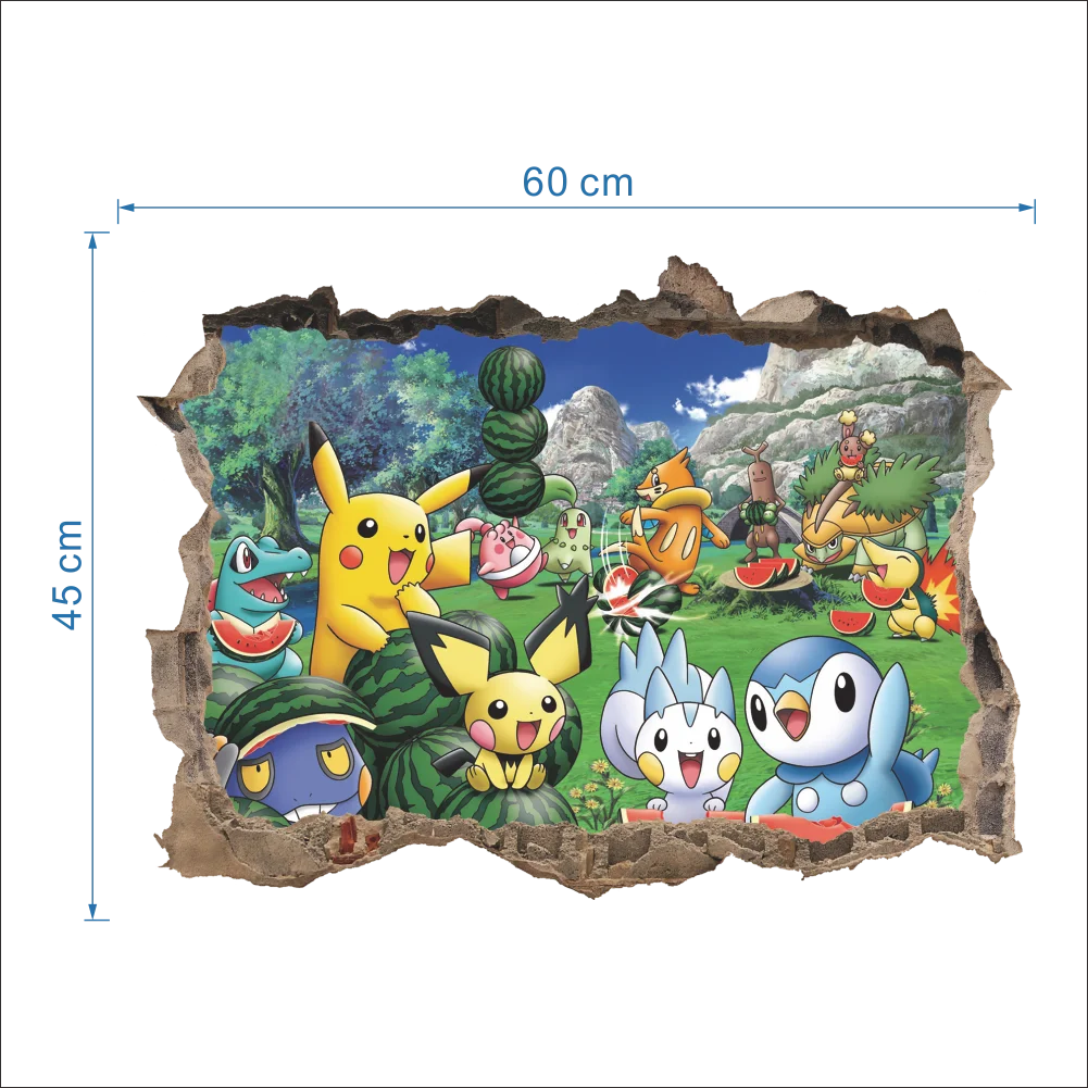 sticker mural 3d pokemon pikachu personnages animés arrière plan naturel adhésif