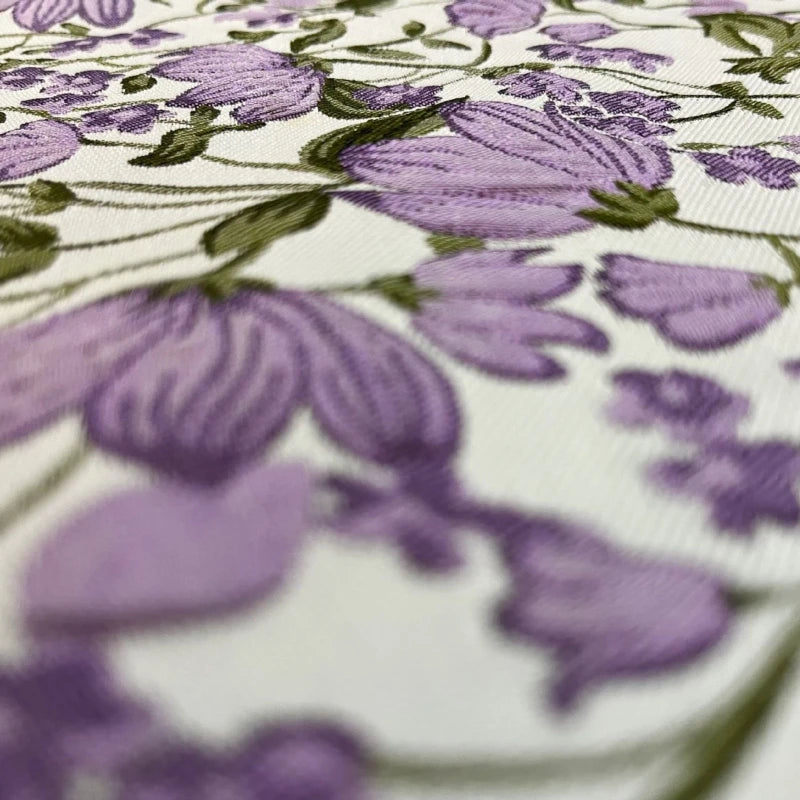 tissu polyester brocart motifs fleurs violet blanc vert protection uv largeur 145cm brodé motifs
