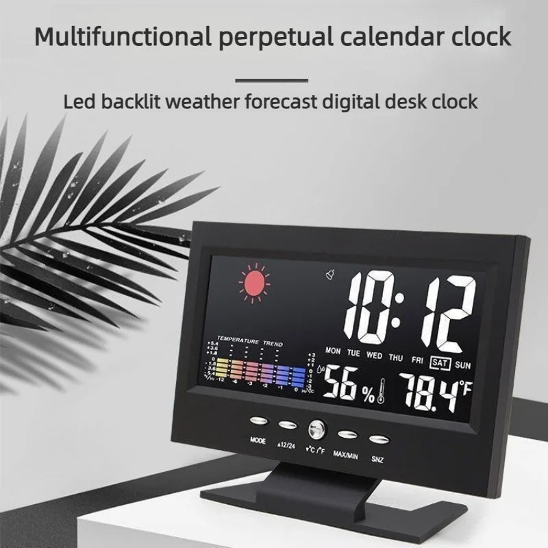 réveil multifonction horloge numérique affichage lcd météo calendrier thermomètre hygromètre moderne noir cable usb