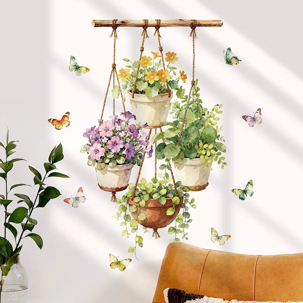 décoration murale aquarelle pots fleurs feuillage papillons imitation bois chambre enfant nature morte