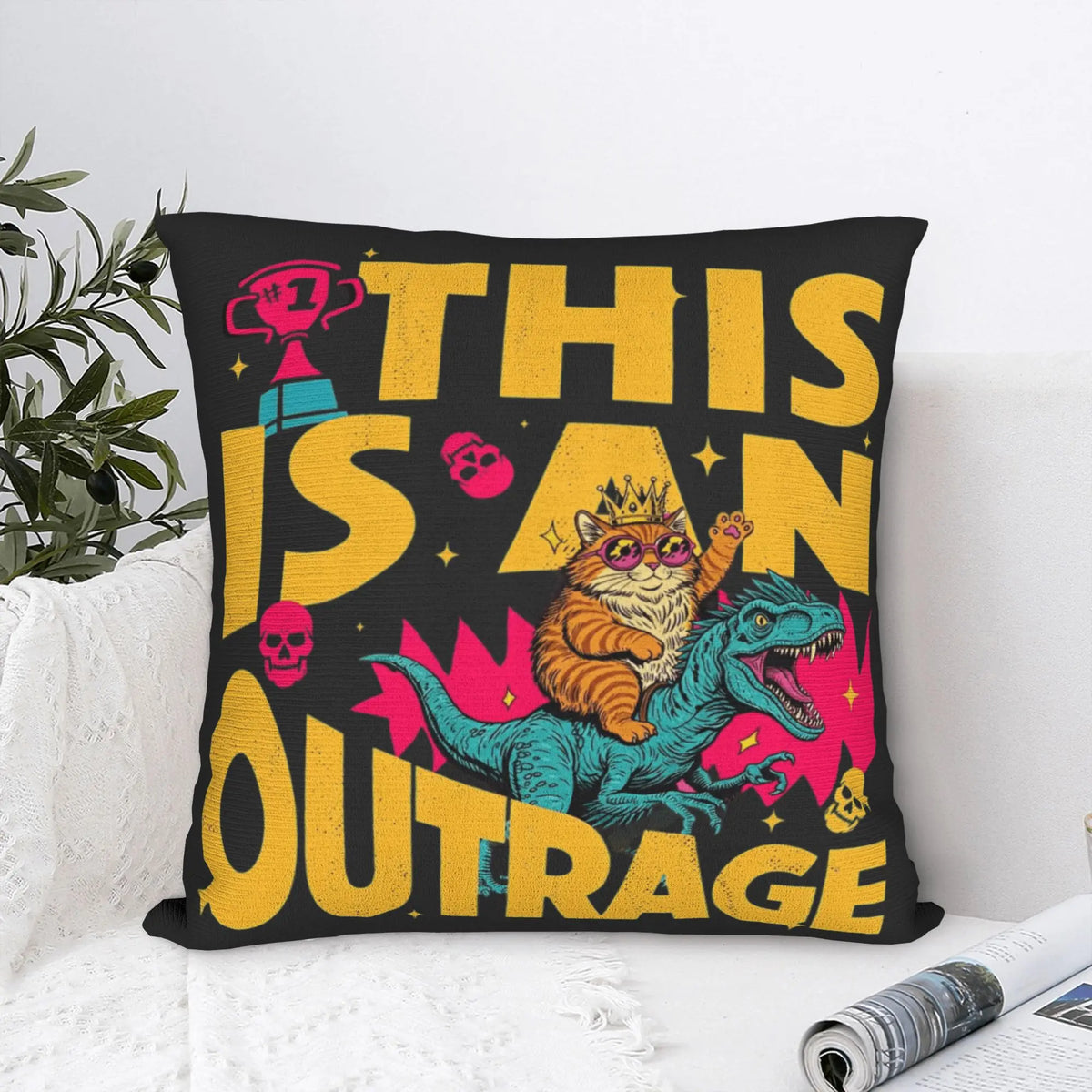 housse coussin imprimé pop art chat dinosaure trophées crânes étoiles outrage lit chambre decoration
