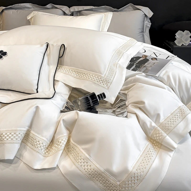drap lit blanc bordure brodée ultra doux housses taies oreillers classique 18m 20m machine