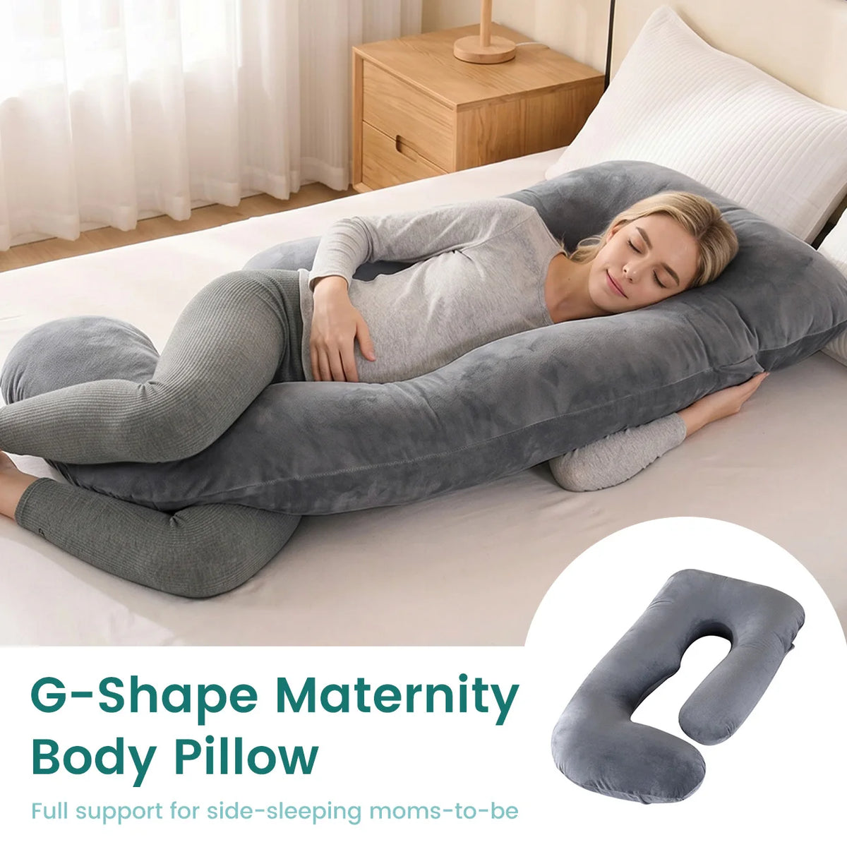 coussin maternité velours doux gris confortable fermeture zip side sleeping allaitement body support lit