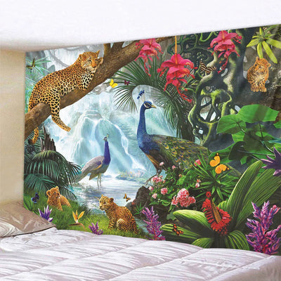 Tapisserie tête de lit animaux forêt tropicale gris clair