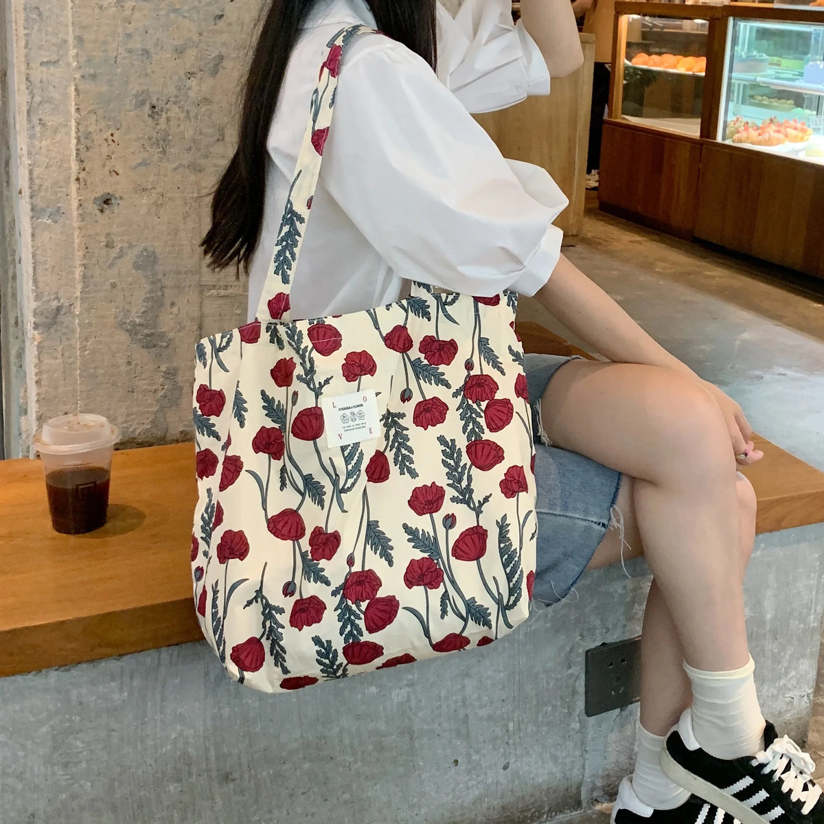 sac main femme toile florale motif fleurs rouge décontracté polyvalent doux polyester