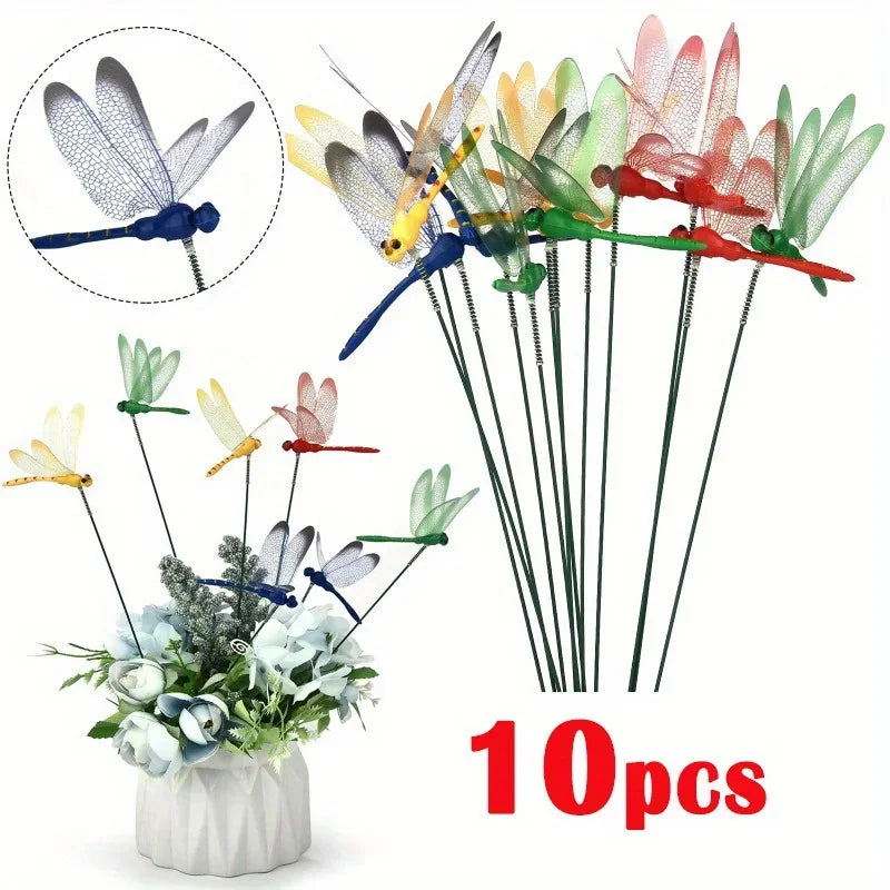 libellules artificielles transparentes couleurs vives pieds métalliques vis fixations modernes jardin pot fleuriextérieurjardin