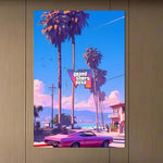 affiche jeu vidéo grand theft auto vi multicolore personnages scènes verte bleue moderne artwork