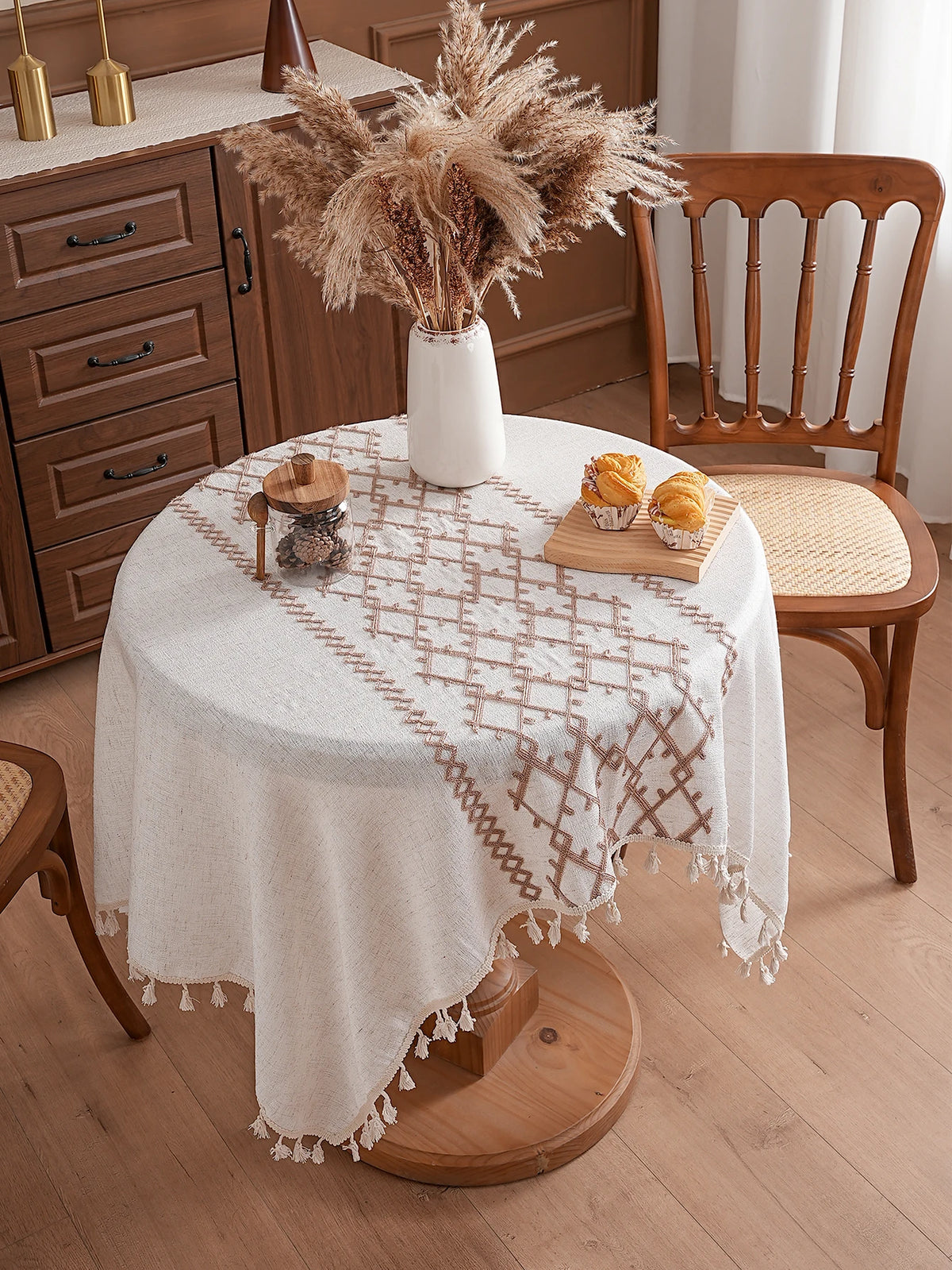nappe brodée lin polyester rectangle motifs géométriques franges bohème rustiqueextérieur mariage fête crème marron
