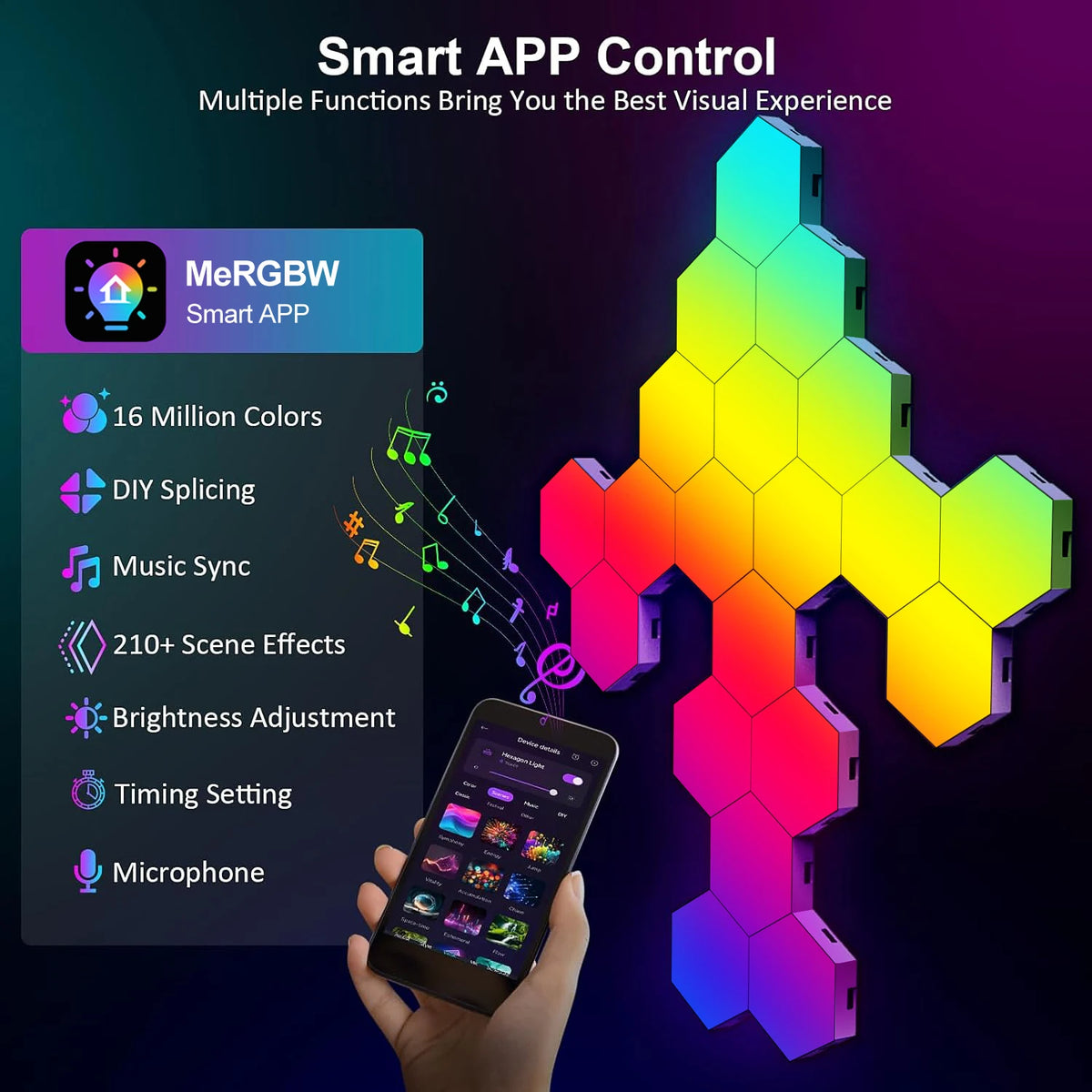 lampe murale hexagonale multicolore diy clips application mobile moderne gradation couleurs veilleuse led