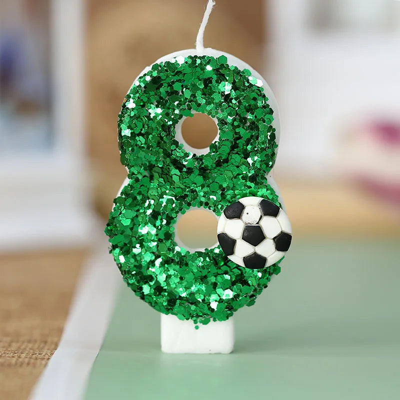 bougies anniversaire numérotées vertes paillettes ballon football décoratives enfants gâteau fête sportive