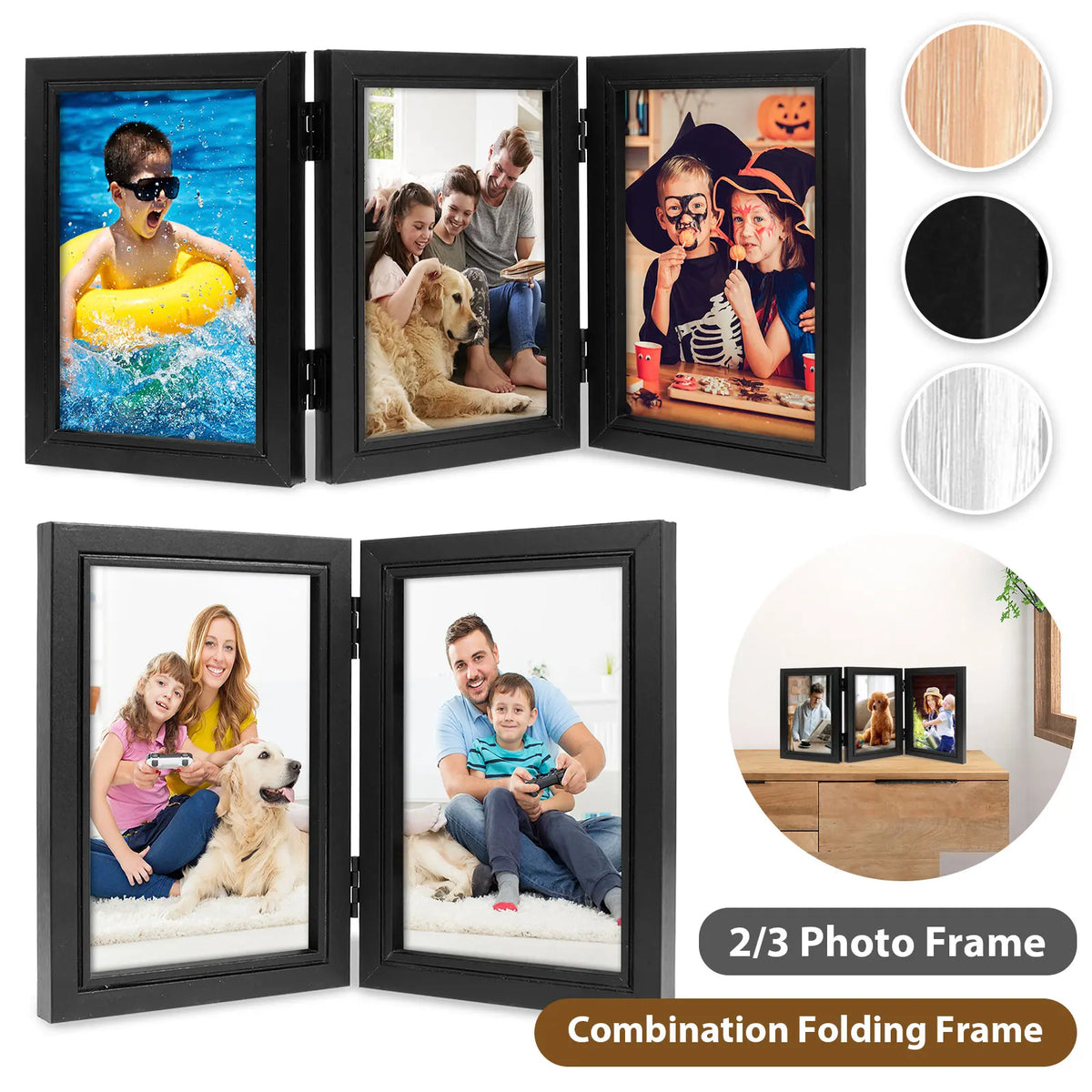 Cadre photo pliable triple moderne noir plexiglas 17x12cm photo 4x6inch