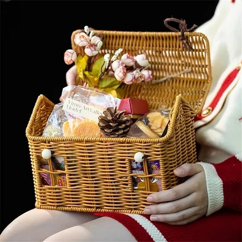 panier pique nique marron clair tressé vintage poignée fruits collations assiettes fourchettes transparent vintage