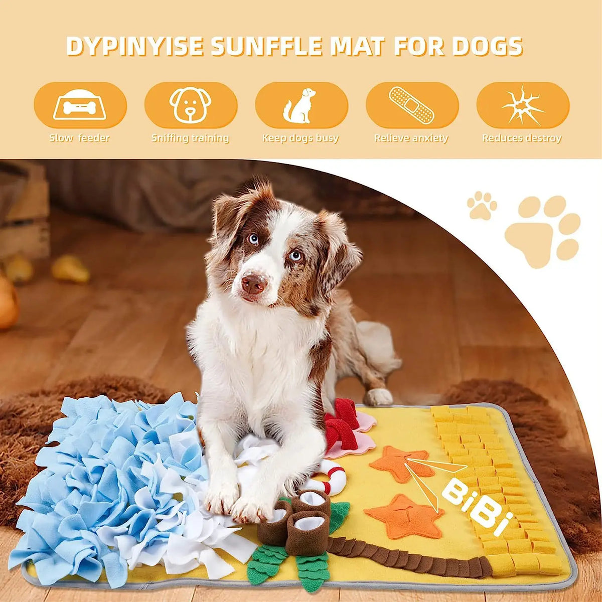 tapis d'activités chiens motif plage palmier coquilles bouée sandales étoiles bibi bleu blanc jaune