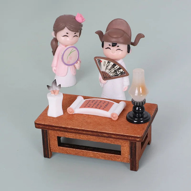 décoration miniature asiatique tables étagères figurines traditionnelles vases théières tasses rouleau papier lampe huile