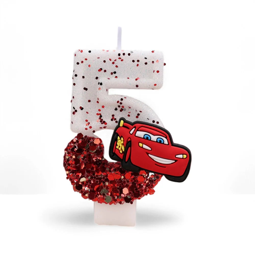 bougies anniversaire forme chiffre sequins motif voiture blanc rouge noir