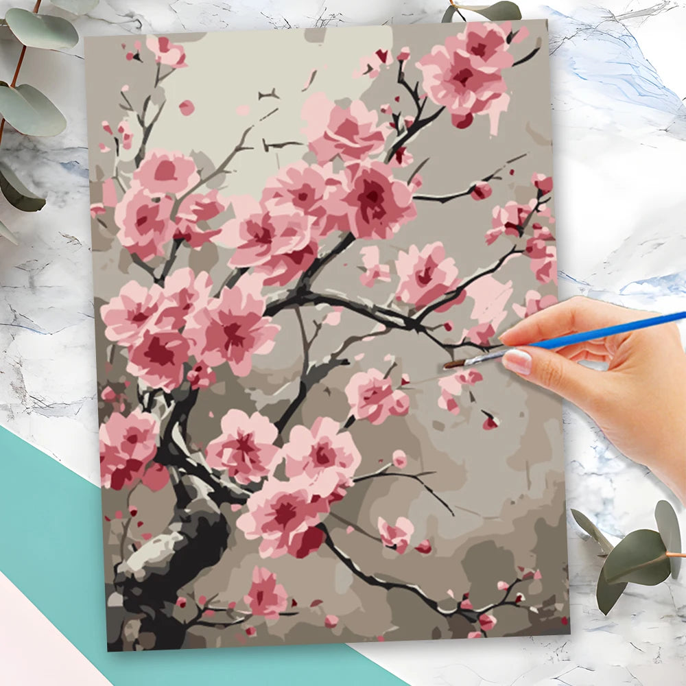 peinture numéros toile fleurs cerisier moderne rose gris branches abstrait facile débutant decoration cadeau