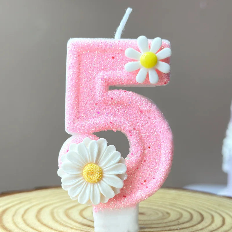 bougies anniversaire chiffres rose blanche marguerites paillette décoratives enfantines