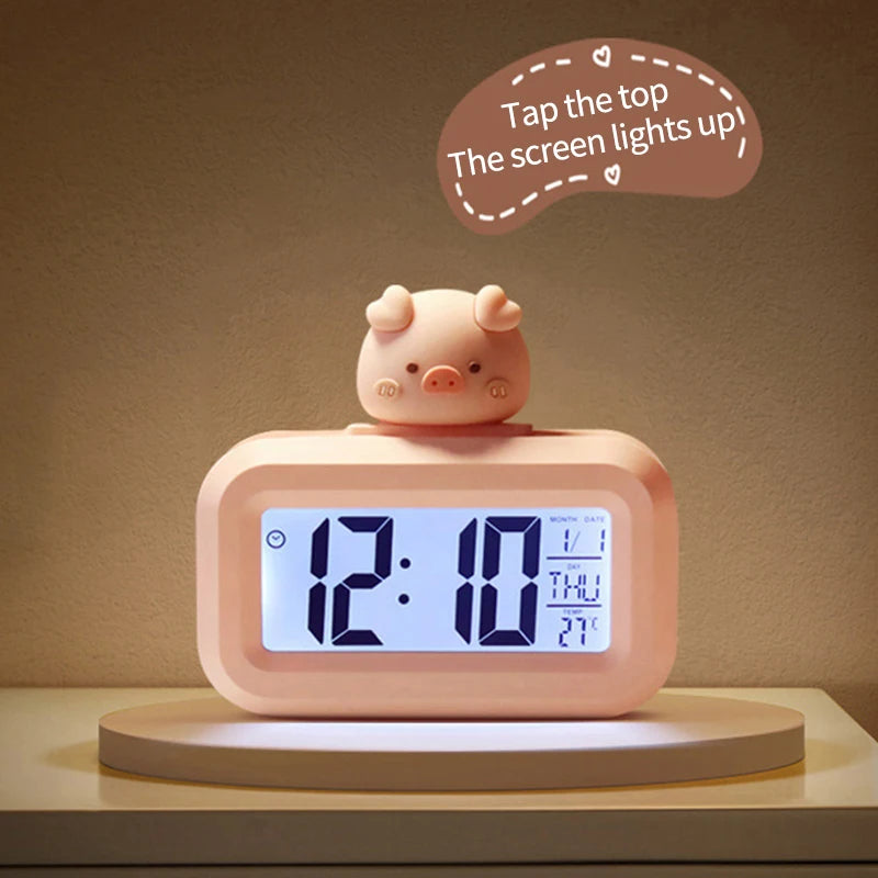 réveil horloge numérique led rose clair indicateur date température cochon figurine minimaliste
