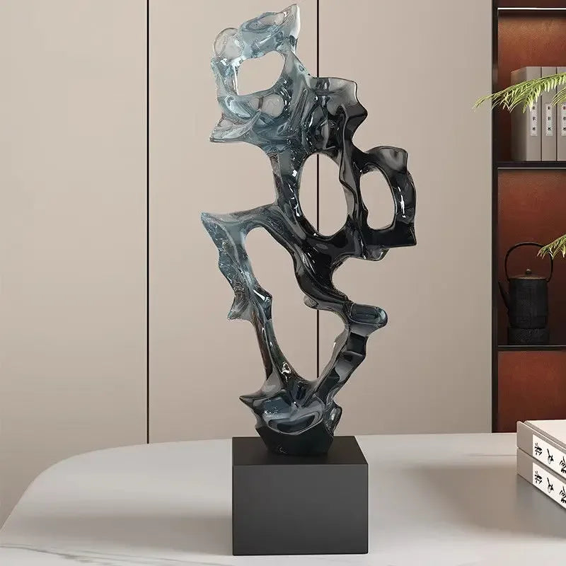 sculpture décorative abstraite moderne bleu clair noir transparent lumière reflétée living room ambiance chambre