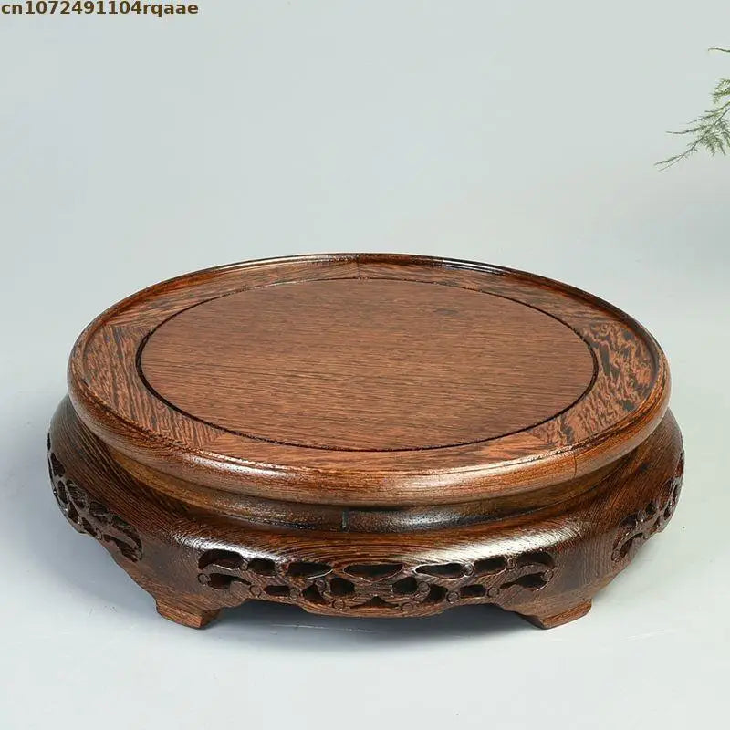 support présentation bois vintage base ronde marron foncé gravures décoratives traditionnel vase plante
