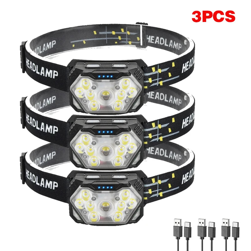 lampe frontale noire rayures jaunes led motion sensor ceinture ajustable camping