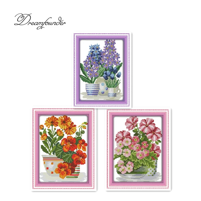 broderie fleurs colorées kit point croix toile coton artisanale fleur feuilles violettes roses orangers